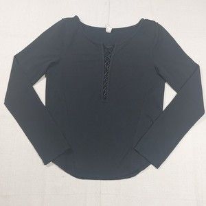 We The Free Long Sleeve Top Size Small Petite Black Lace Up Scoop Neck